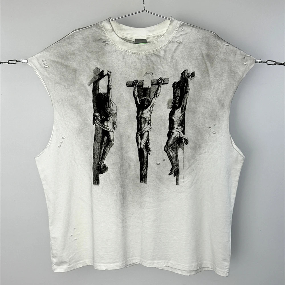 Frog Drift Fashion Street Clothing Quality Retro Hole Printed Retro Top 100% Cotton Summer Loose Mens Oversized Shirt Tank Top 250403