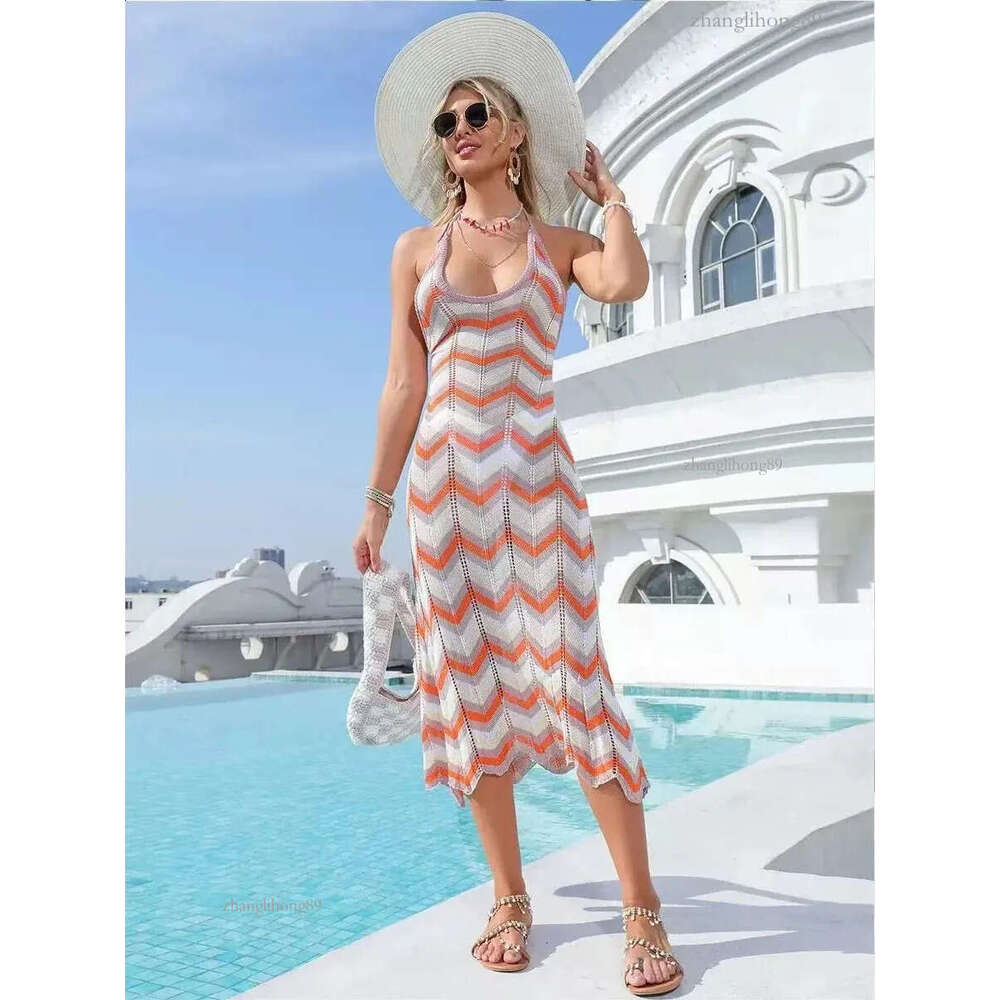 Summer Sexy Knitted Strap Backless Long Beachwear Women Dress Zigzag Motif Breathable Tie Female Missony Beach Pool Clothes 250319 C260312