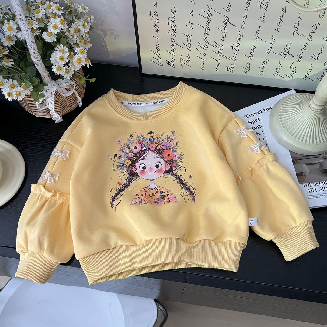 Ddmyshoesvip Girls Hoodie New Cotton Baby Princess Bow Cartoon Long Sleeved Spring And Autumn Top Round Neck Western Style