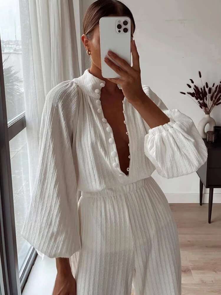Women Solid Wide Leg Pants Suit Chic Stand Collar Single Breasted Long Lantern Sleeves Shirt 2024 New Streetwear Lady 2 Pcs Set