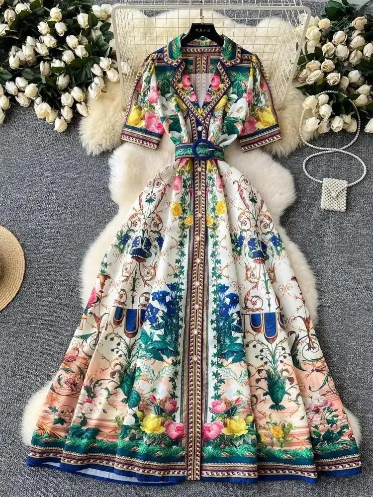 Summer Holiday Short Sleeve Notched Belt A-Line Dress Women Flower Boho Robe Beach Party Vestido Pearls Buttons Up Maxi Clothes 250407