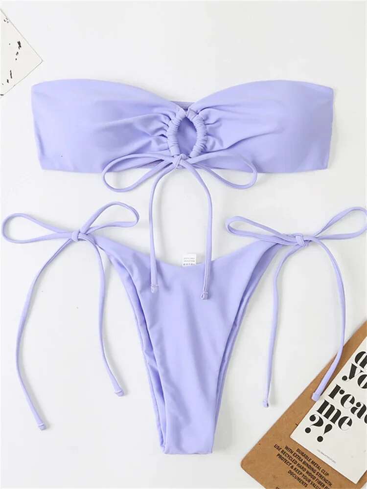 Dongdumaoyi Sexy Bandeau Bikini Swimwear Women Red Black Pleate Lace Up Swimsuit Cut Out Beach Bathing Suit Tie Side Thong Bikinis Sets