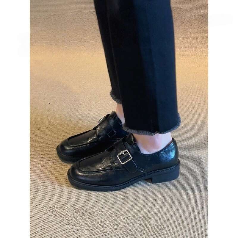Square Toe Belt Buckle Small Leather For Women 2025 Thick Heel Free shipping College Style Loafers Lazy Versatile Single Shoes
