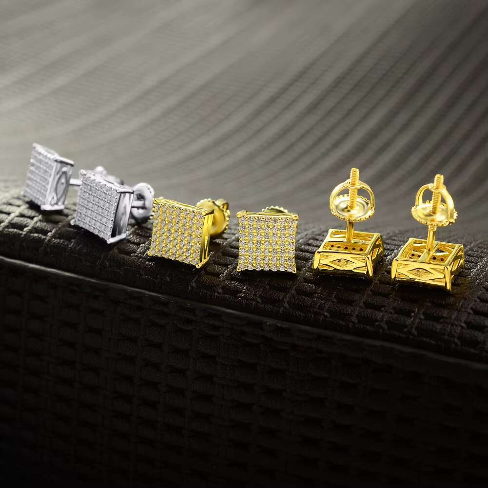 Wholesale Hip Hop 18K Gold Plated Iced Out Cubic Zirconia 925 Sterling Silver Screw Back Square Stud Earrings for Men Women