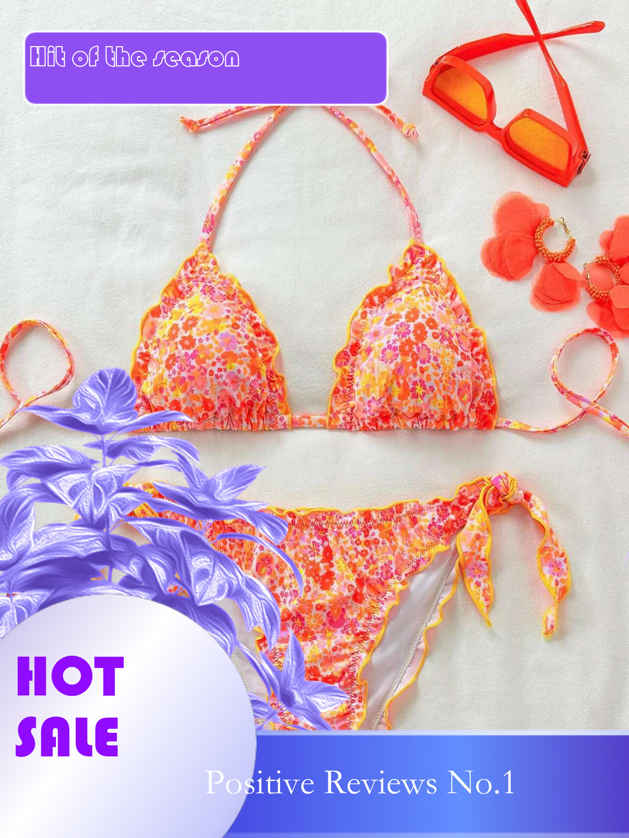 Dongdumaoyi Cute Orange Floral Print Bikini Set Women Halter Ruffles Push Up Tie Side Thong Swimsuit Summer Bathing Suit Micro Swimwear