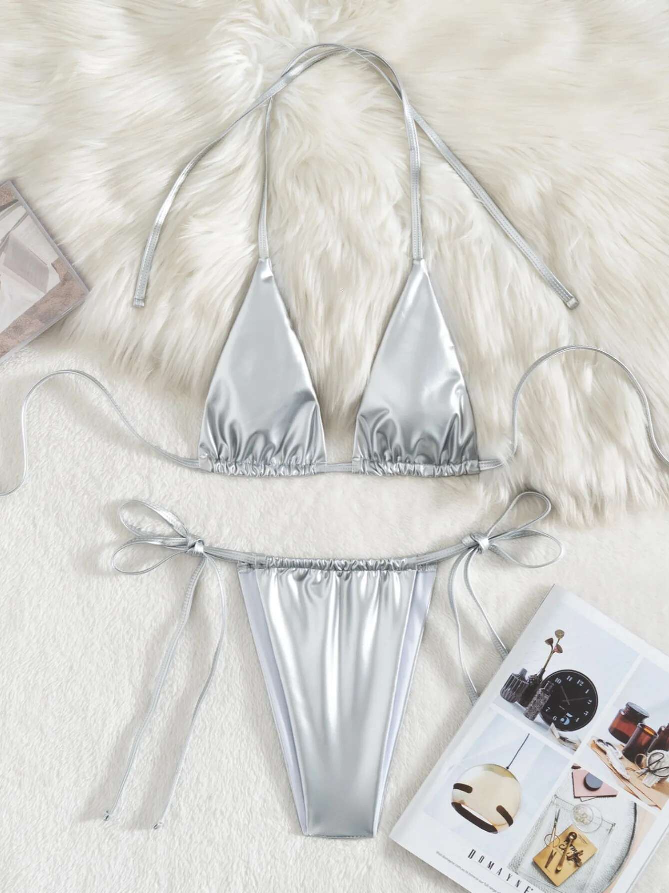 Dongdumaoyi Sexy Silver Bikini Mujer Women Halter PU Pleate Push Up Bra Tie Side Thong Swimsuit Brazilian Beach Bathing Suit Swimwear