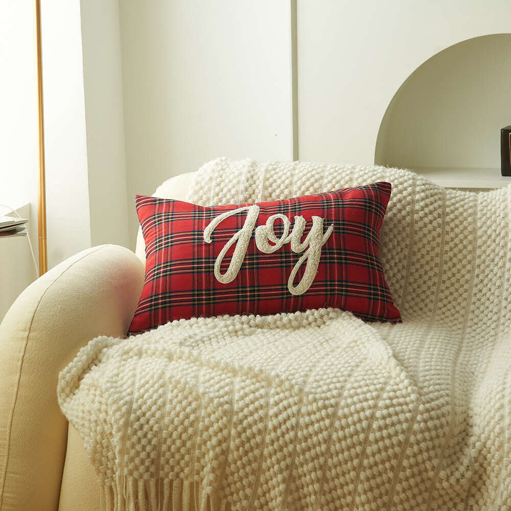 New Christmas Printed Red and Green Plaid Letter Embroidery Cushion Cover Home Fabric Pillowcase