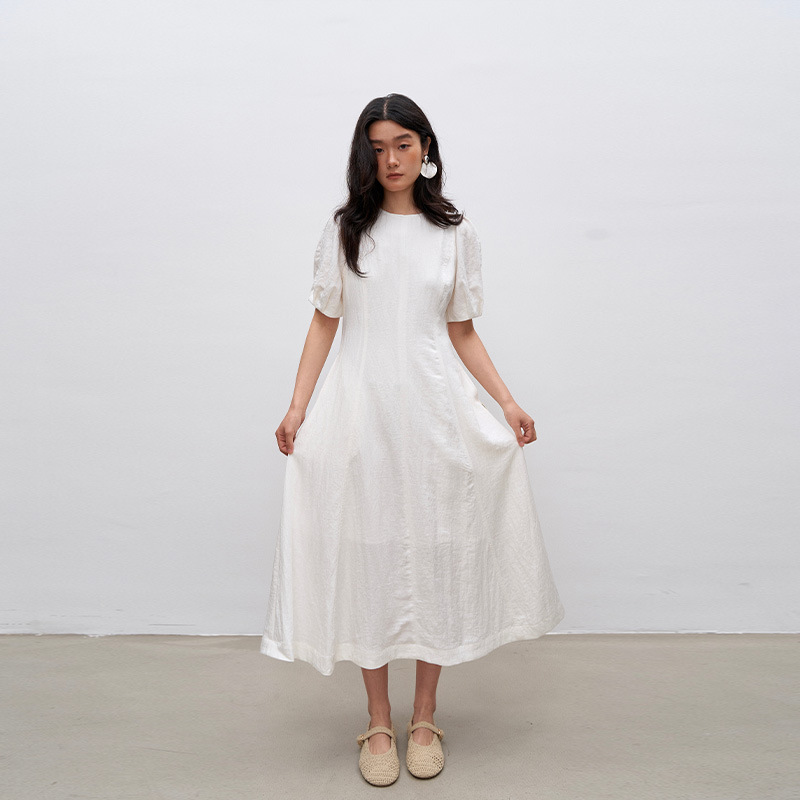 S29 round neck waist French dress women's skirt women's summer texture high-end