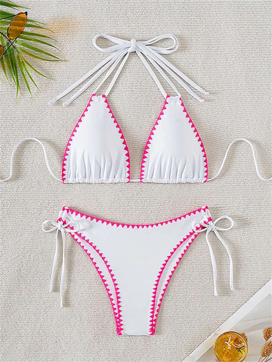 Dongdumaoyi Sexy Black White Contarst Bikini Set Women Push Up Bra Drawstring Side High Waist Swimsuit Beach Bathing Suit Mini Swimwear