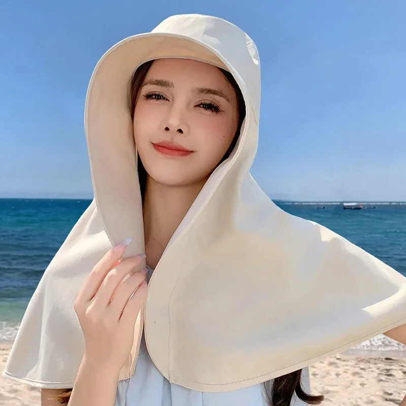 Summer Womens Hat Outdoor UV Neck Sunscreen Sunshade Fishing Hiking Big Brim Shawl tail Solid Color 250326