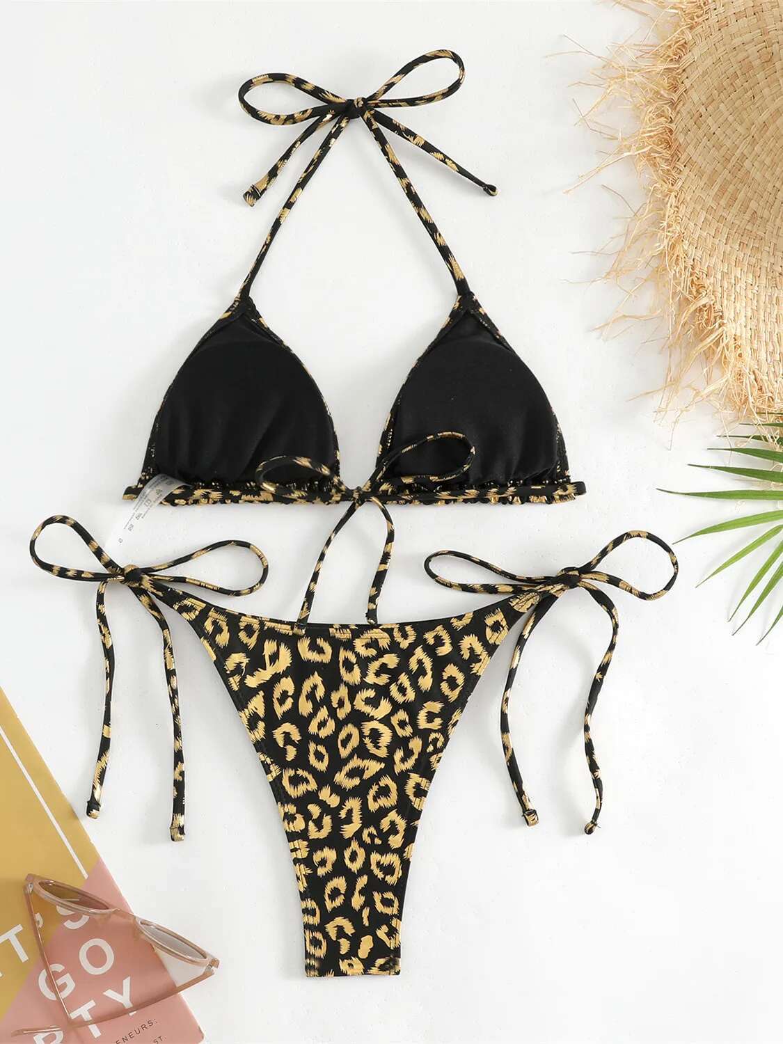 Dongdumaoyi Sexy Orange Leopard Print Bikini Set Women Halter Push Up Bra Tie Side Thong Swimsuit Summer Backless Bathing Suit Swimwear