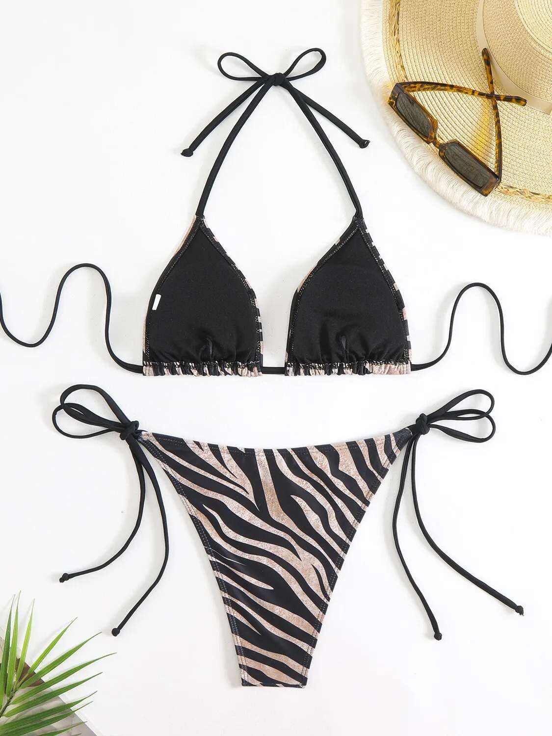 Dongdumaoyi Sexy Coffee Zebra Print Bikini Set Women Push Up Striped Tie Side Thong Swimsuit Brazilian Bathing Suit Holiday Swimwear