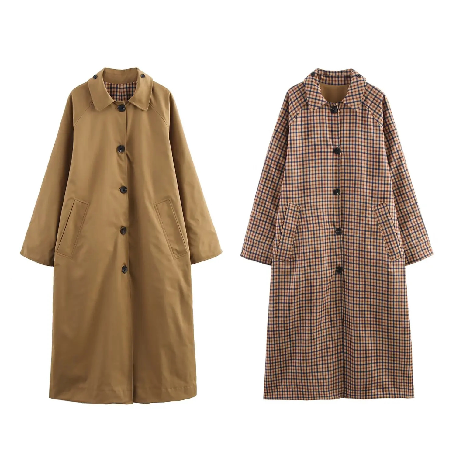 PB ZA reversible womens long sleepwear single-sided solid single-sided checkered button suitable for casual wear on the front 250402