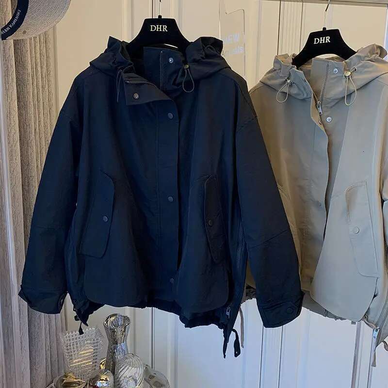 Design Niche Korean Loose Casual Long Sleeve Jacket Big Pockets Patchwork Zip Up Trench Cropped Coat 2024 Autumn Chic Outwears
