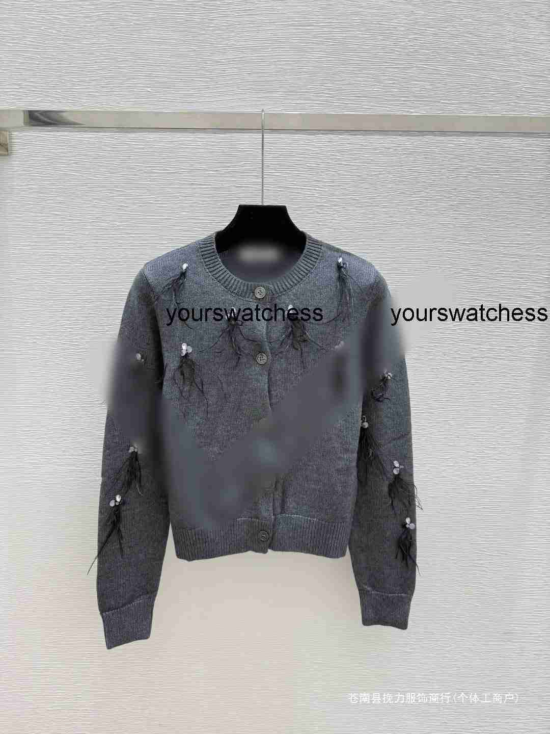 High Va Heavy Beaded Feather Round Neck Knitted Cardigan Gray