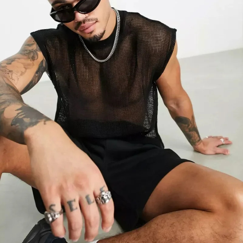 Mens Hollow Loose T-shirt Black Mens Sports Perspective Tank Top Casual Sexy Tank Top Mens Evening Dress Club Dress 250403