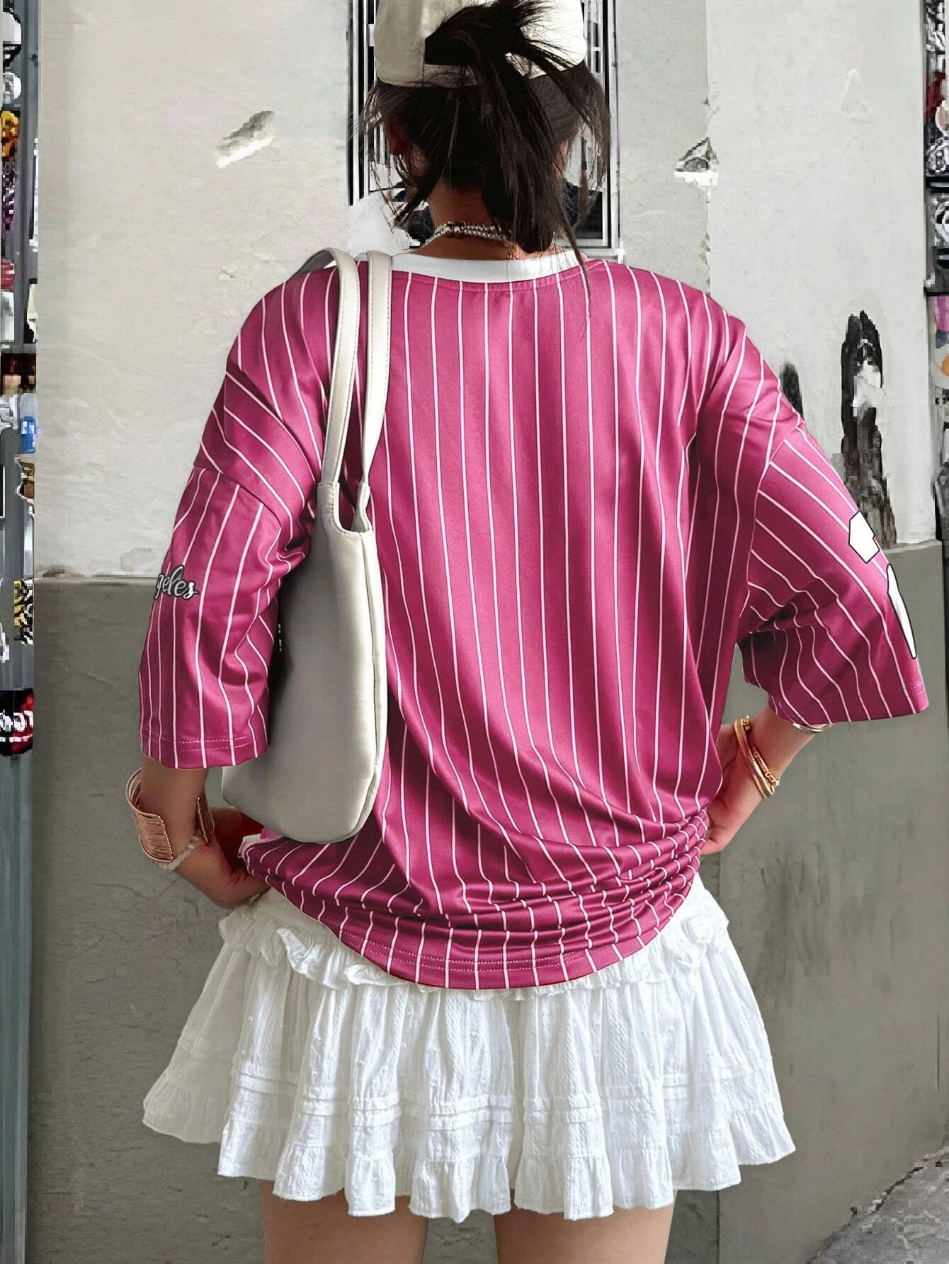 INAWLYNS womens casual sports style # 23 and letter stripe splicing work print loose fashionable Vneck Tshirt short sleeved top 250407