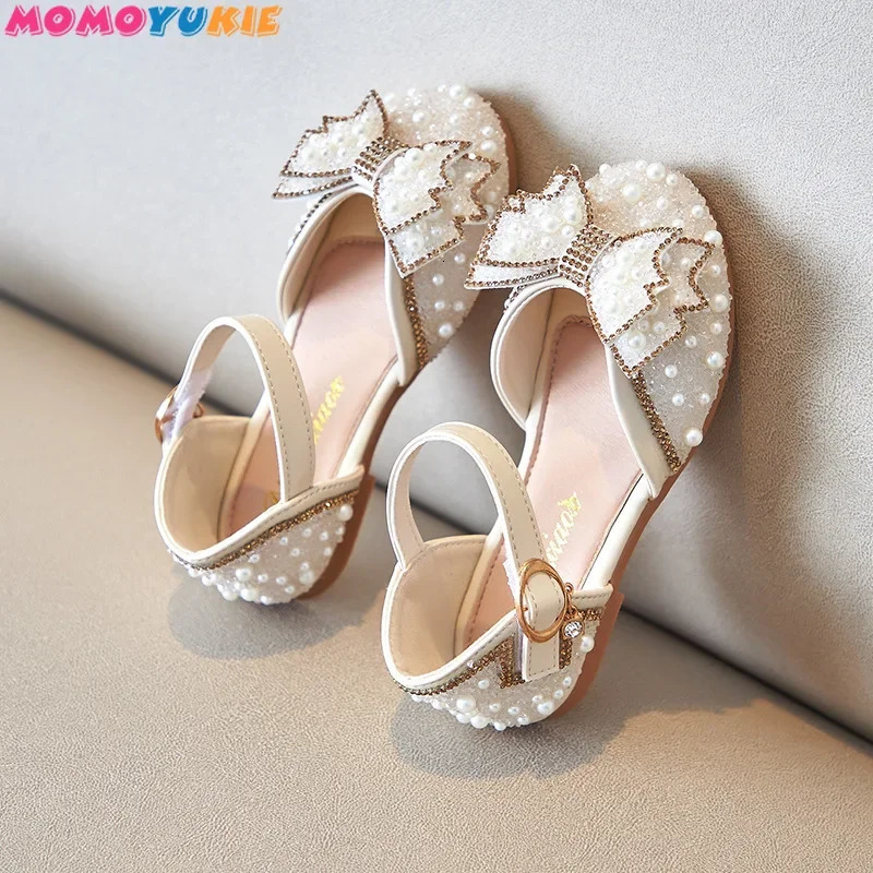 Girls Sandals Summer Korean Edition Fashion Cute Bow Pearl Glitter Childrens Princess Shoes Dance Shoes Trend 250402