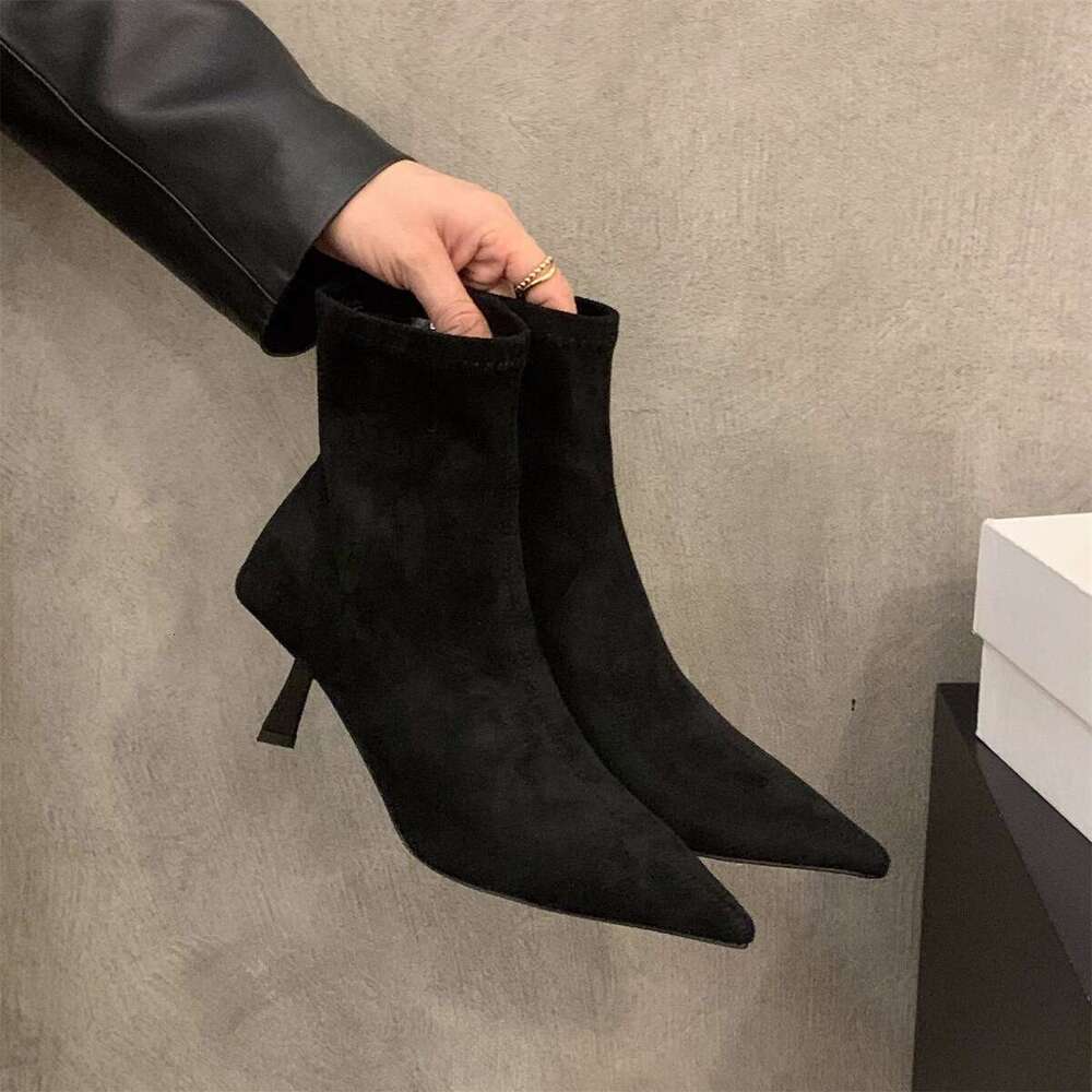 High Heel Free shipping Pointed Toe Brown Suede Slim Short Women's Shoes 2025 New Autumn Winter Fleece-Lined French Style Ankle Boots