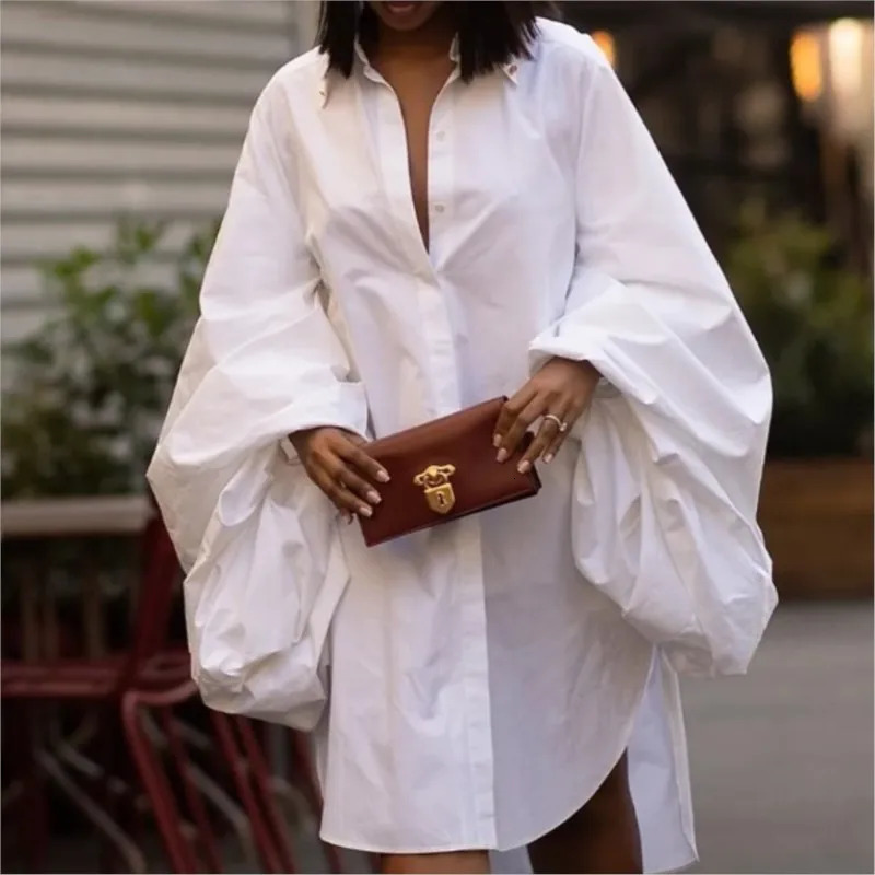 Womens fashionable Vneck solid color long sleeved dress womens loose short 250407