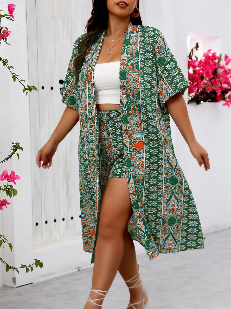 Gibsie Plus size summer twopiece set suitable for womens vacations long kimono cardigan with shorts beach style Bohemian print 250313