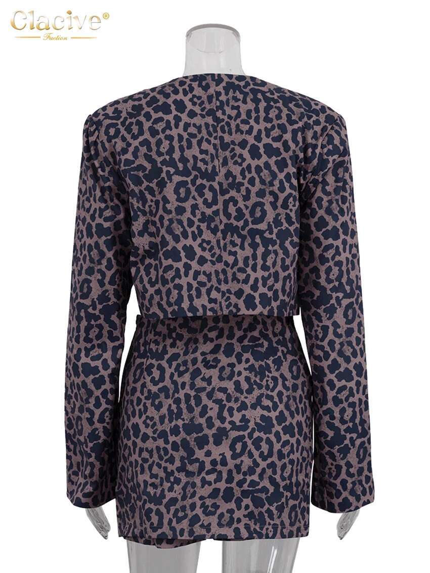 Clacive Fashion Loose Leopard Print Skirts Sets For Women 2 Pieces 2025 Sexy Long Sleeve Crop Top With High Waist Mini Skirt Set