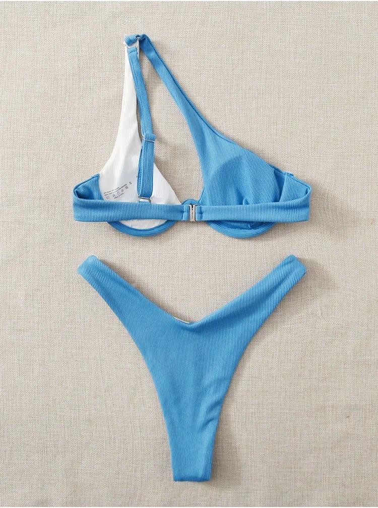 Women's Swimwear Stylish Color Blocked One Shoulder Bikini Swimsuit Sexy Athletic Fitness Swimming Wear For Beach Vacation Fashion Trend