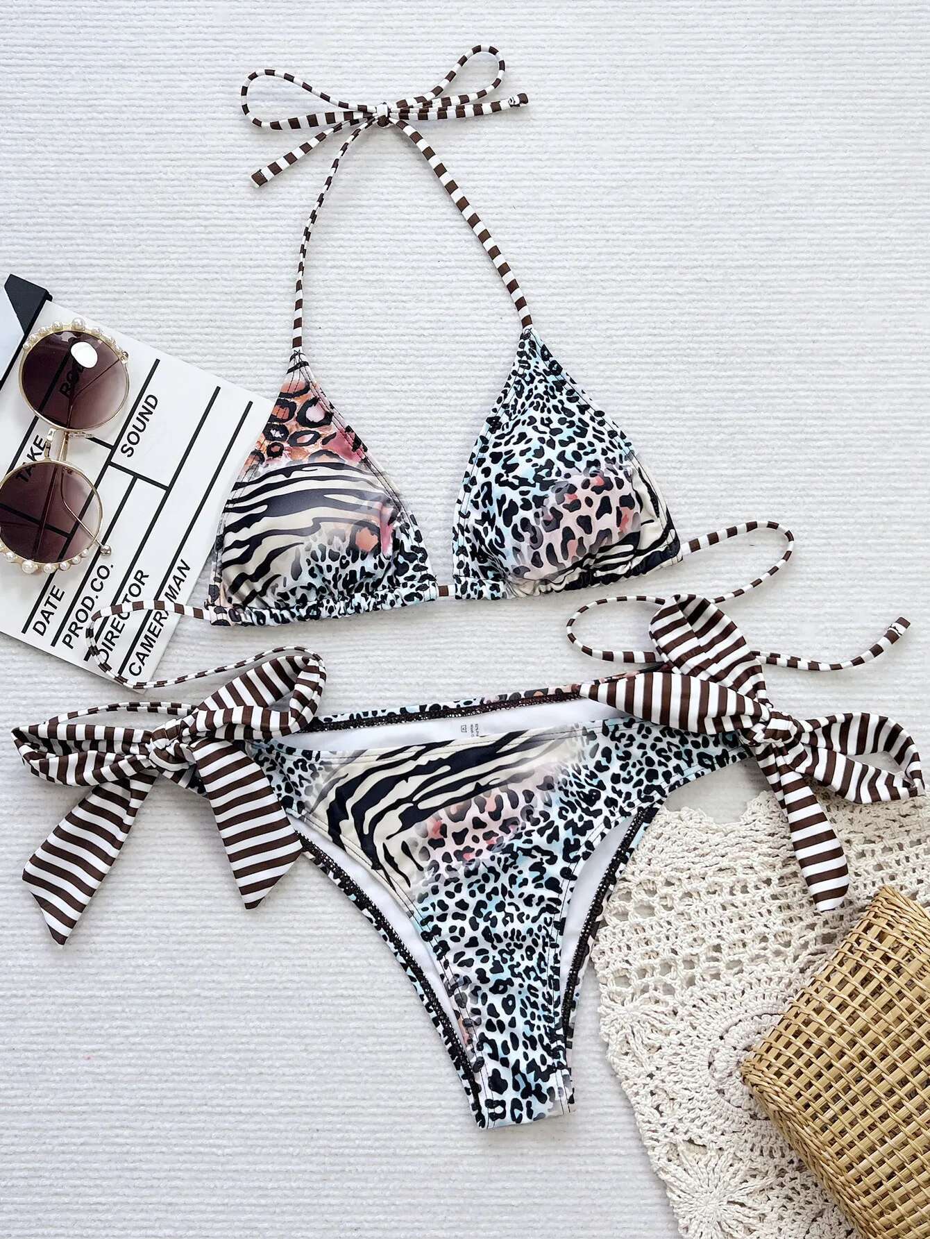 Dongdumaoyi Sexy Black Leopard Print Bikini Mujer Women Halter Push Up Tie Side Thong Swimsuit Beach Bathing Suit Mini Swimwear Biquini