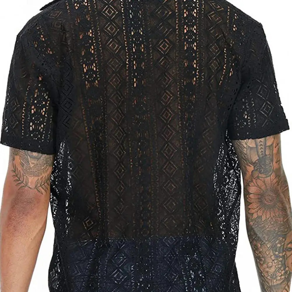 Summer Men Shirt Solid Color Hollow Out Lapel Short Sleeves Single-breasted Men Top Loose Mid-length Lace Male T-shirt 250407