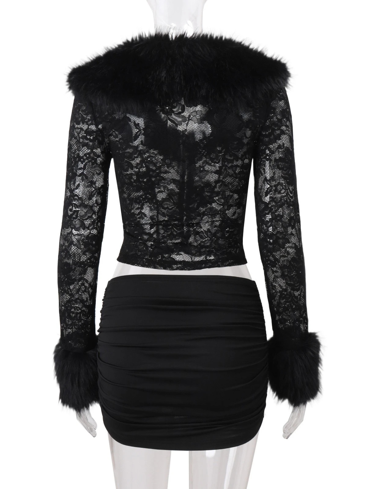 SsTss Womans 2 Pieces Set Elegant Faux Fur Patchwork V Neck Long Sleeve Floral Lace Crop Top and Mini Pencil Skirt Suits Outfit 251104