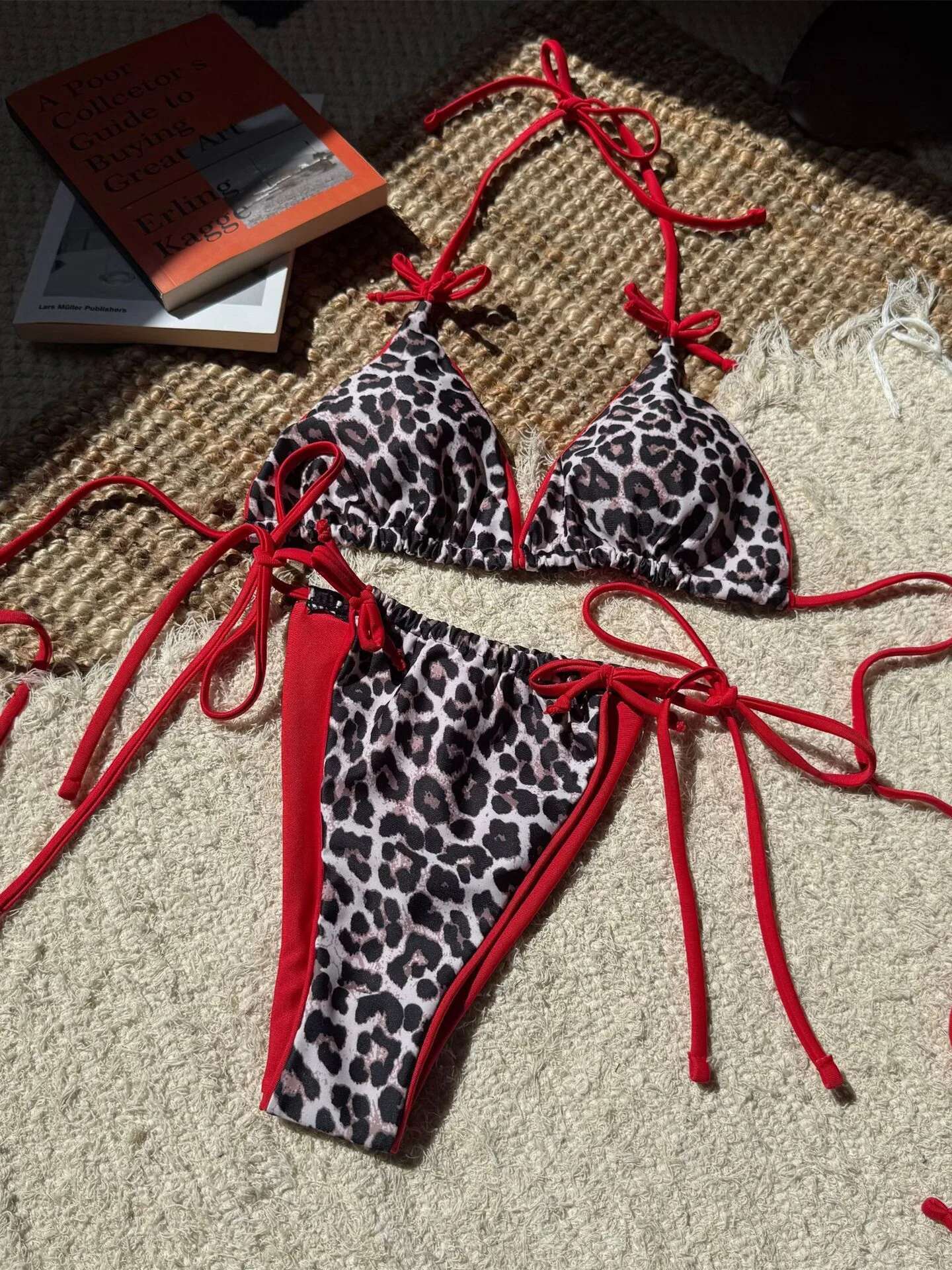 Dongdumaoyi Sexy Red Leopard Print Bikinis Sets Women Tie Straop Push Up Side Thong Swimsuit Summer Bathing Suit Micro Swimwear