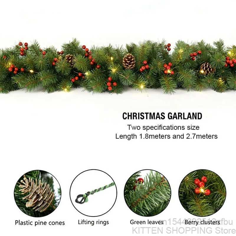 Christmas 27M Christmas Garland Glow Wreath with Pinecones Red Berries Artificial Christmas Garland Winter Holiday Christmas Decoration Y251106