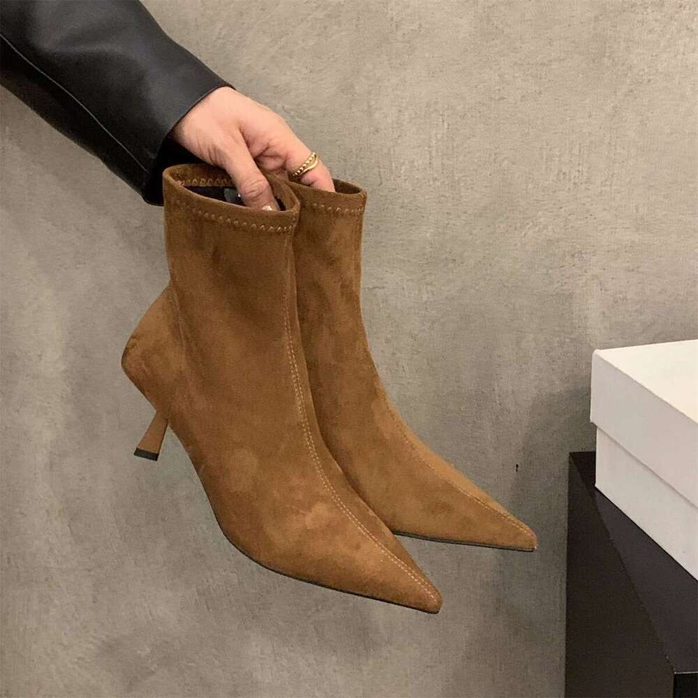 High Heel Free shipping Pointed Toe Brown Suede Slim Short Women's Shoes 2025 New Autumn Winter Fleece-Lined French Style Ankle Boots