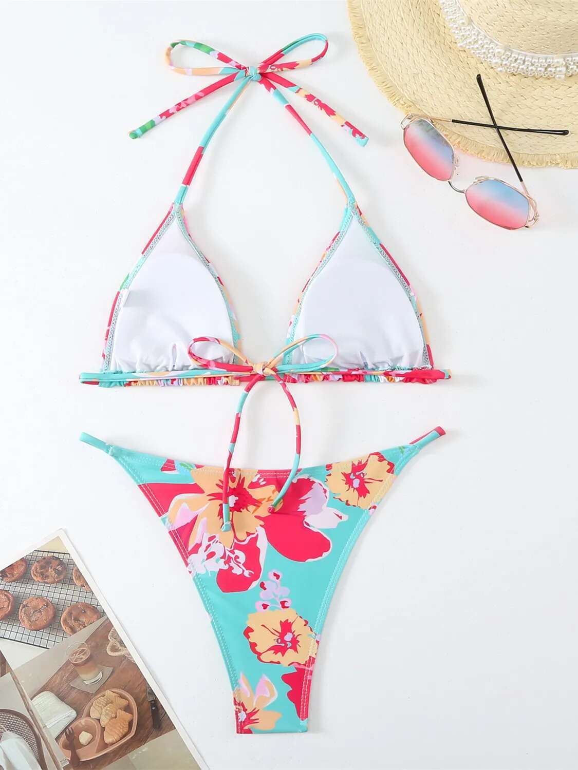 Dongdumaoyi Push Up Sexy Bikinis Swimwear Women Red Floral Print Bikini Set Brazilian Lace Up Bandage Bathing Suit Thong Swimsuit