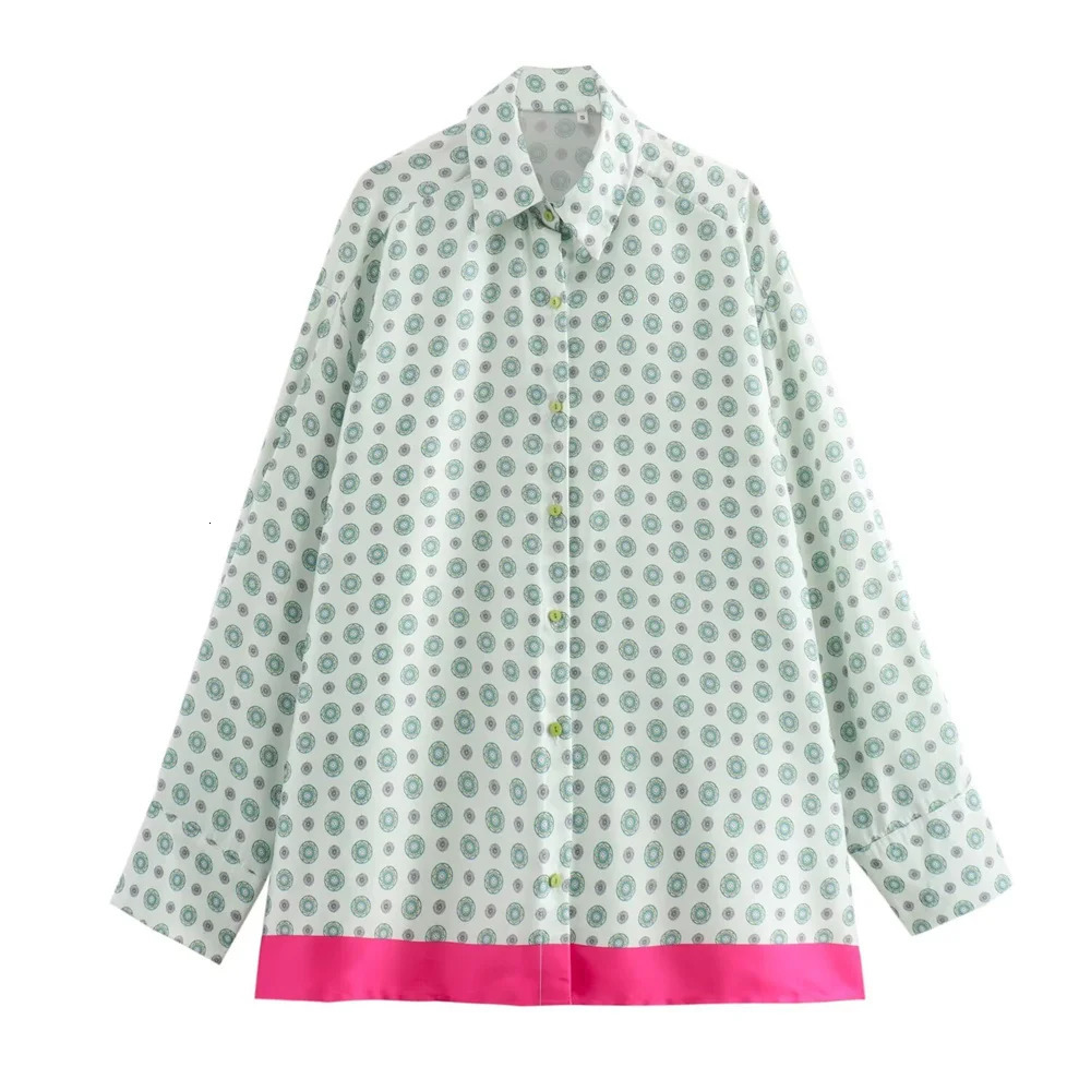 Zach Ailsa Autumn Product Womens Collar Long Sleeve Silk Texture Spliced Printed Shirt Straight Pants Casual Set 250407