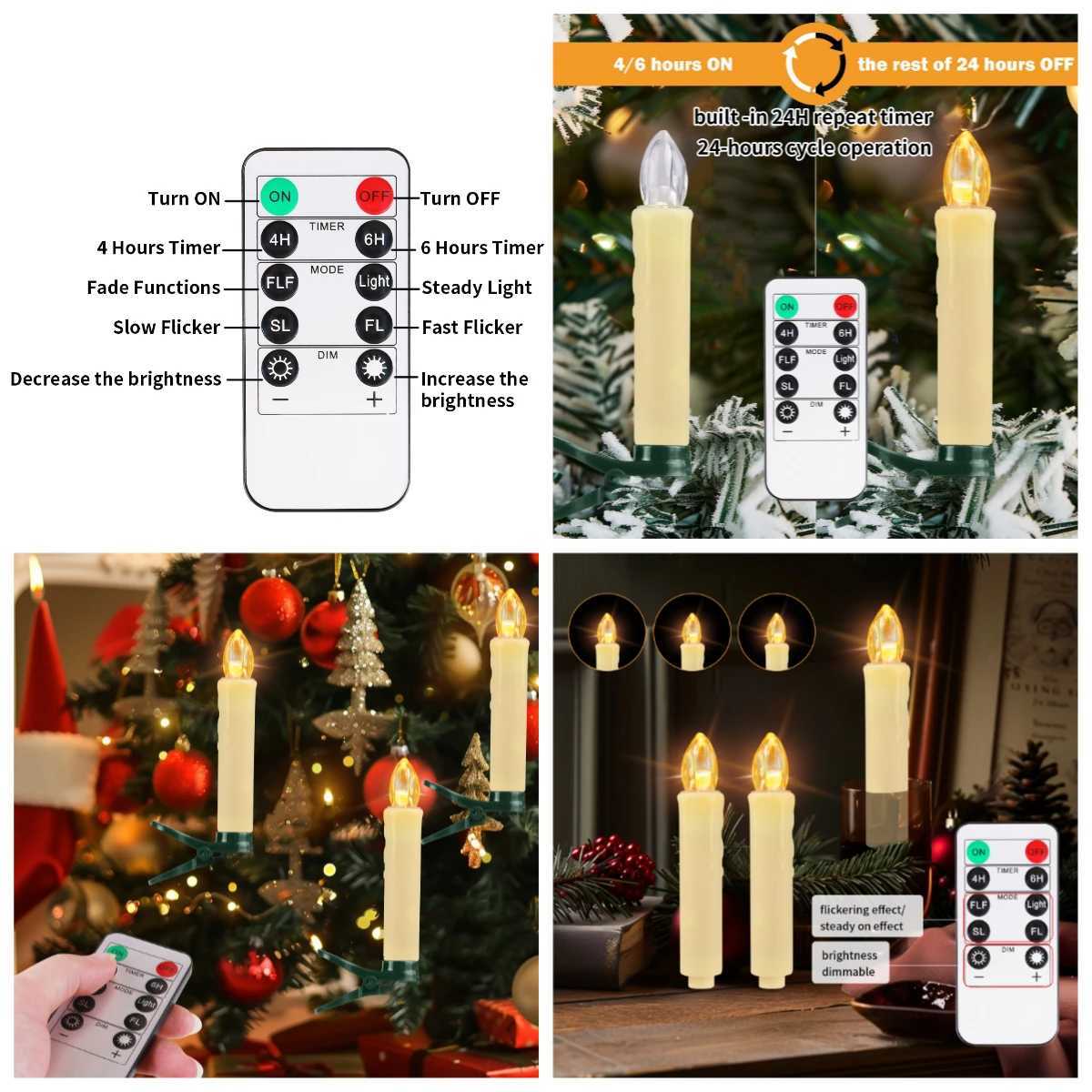 Flameless LED Taper Candles Christmas Tree Electric Candle Lights Mini Taper Clip-On Candles with Remote Timer for Wedding Decor W251107