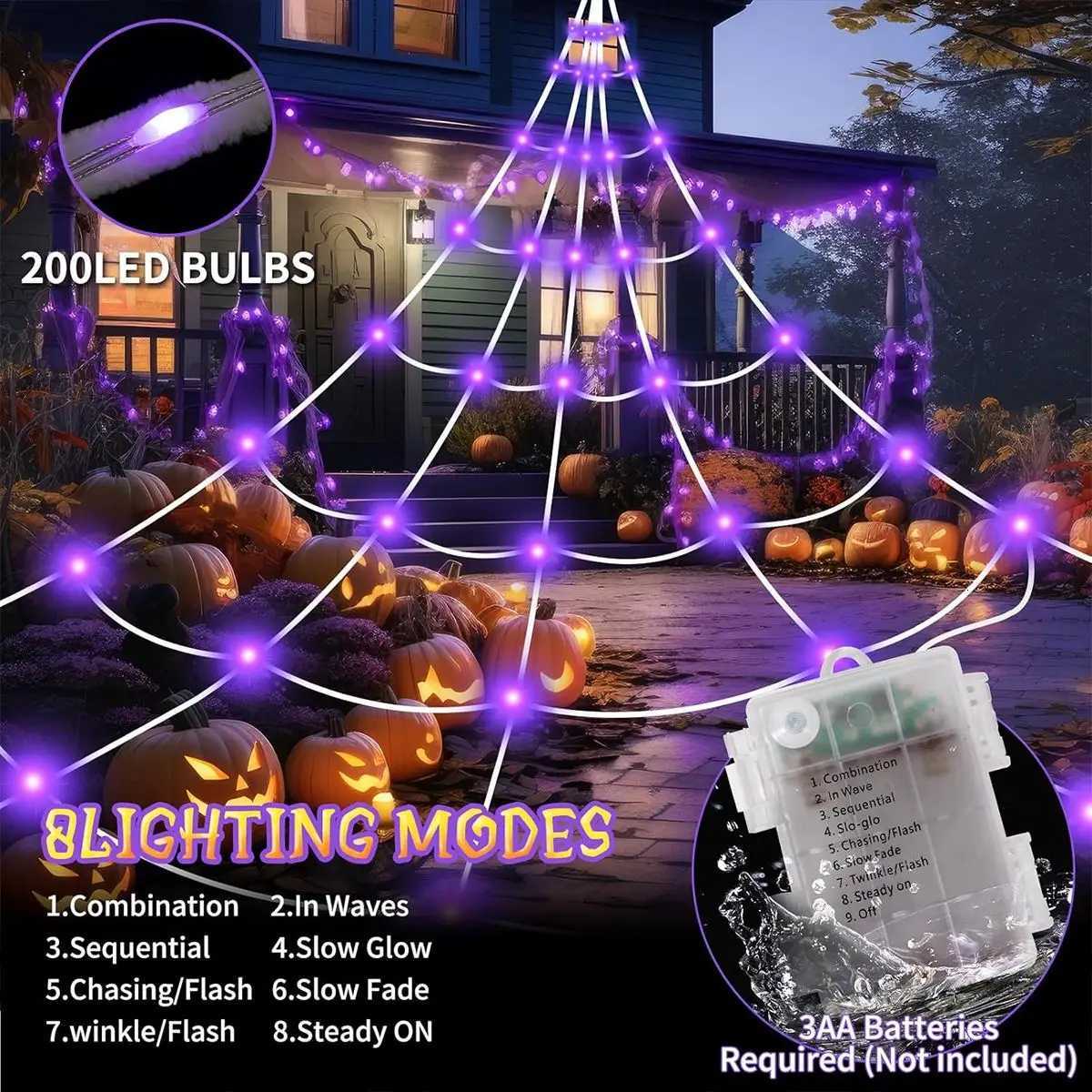 1pc Halloween Spider Web Lights with Large Spider And 200LED Purple String Light For Home Garden Holiday Halloween Decoration W251107