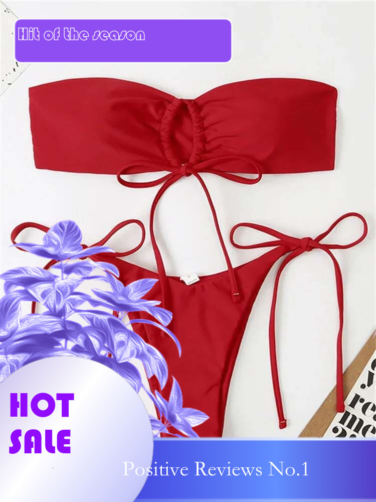 Dongdumaoyi Sexy Bandeau Bikini Swimwear Women Red Black Pleate Lace Up Swimsuit Cut Out Beach Bathing Suit Tie Side Thong Bikinis Sets