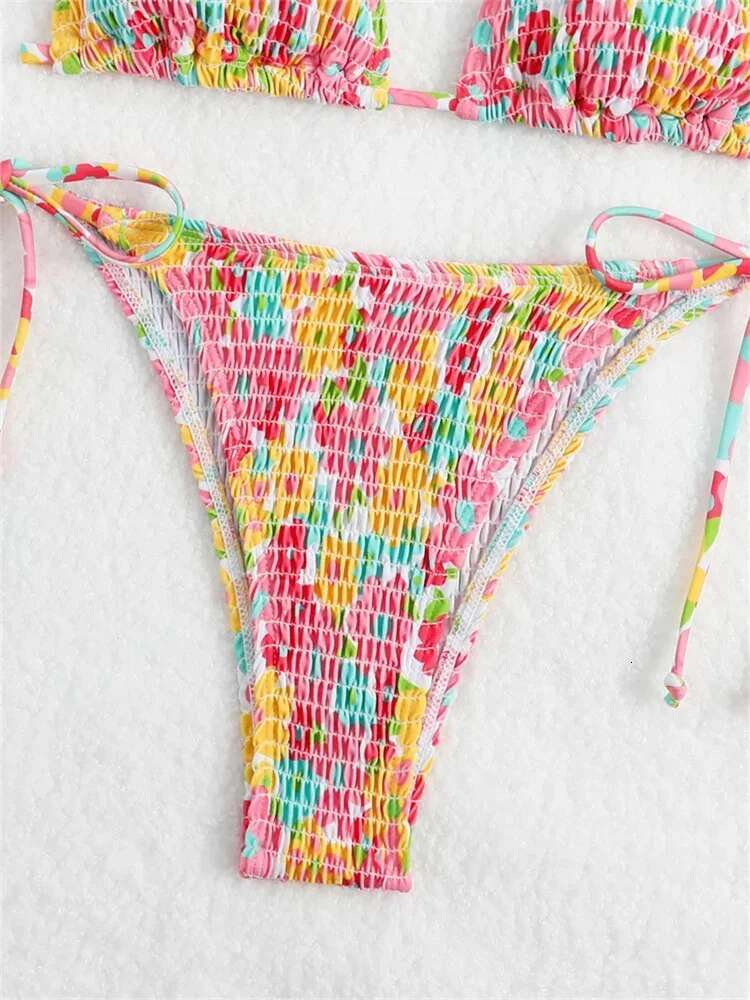 Dongdumaoyi Sexy Micro Bikini Women Pink Floral Print Pleate Tie Side Triangle Swimsuit Brazilian Halter Push Up Bathing Suit Swimwear