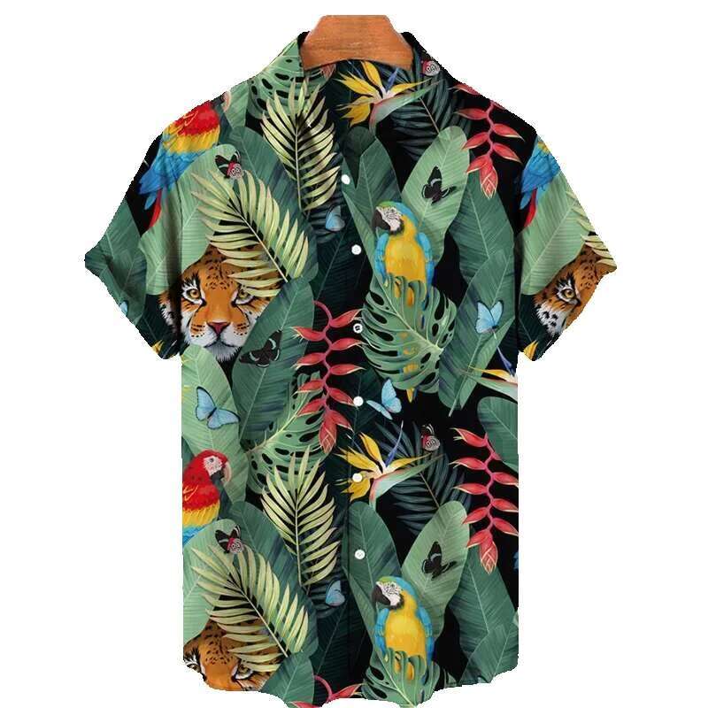 TRCALE Jungle Pink Flamingo Printed Hawaiian Men's Shirt, Summer Short Sleeve Top, Haruku, Collar Button, Loose Shirt