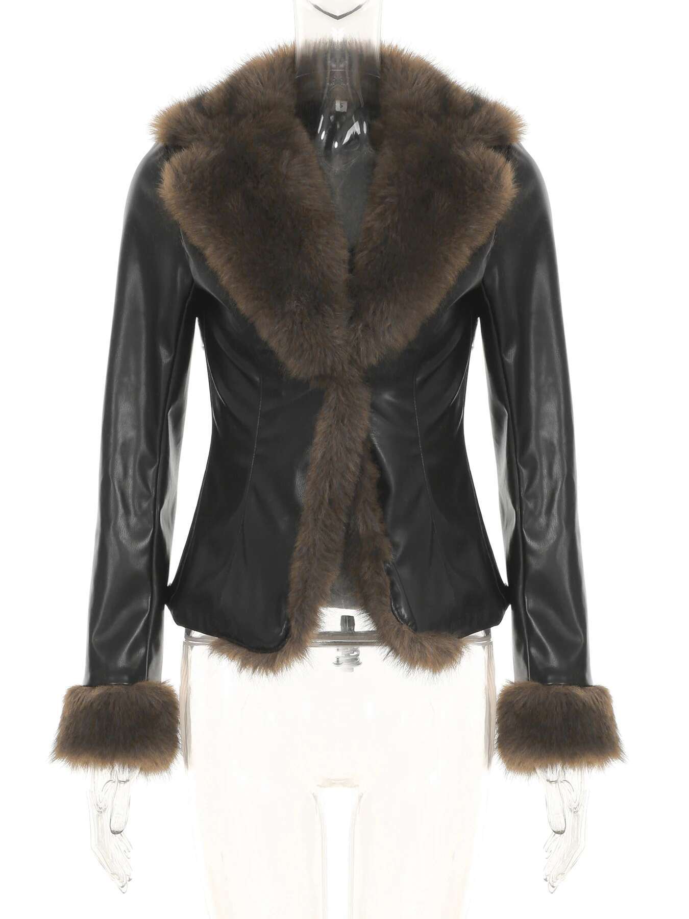 IAMSURE Casual Patchwork Fur Trim Pu Leather Jackets Slim Turn-Down Collar Single Button Long Sleeve Coats Women 2024 Winter