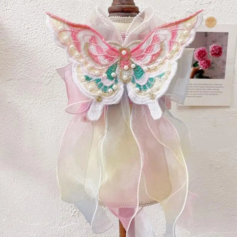 Embroidered Cat Dress Butterfly Gradient Mesh Skirt Pet Puppy Dog Chest Leash Princess Dress Pet Puppy Clothes 250402