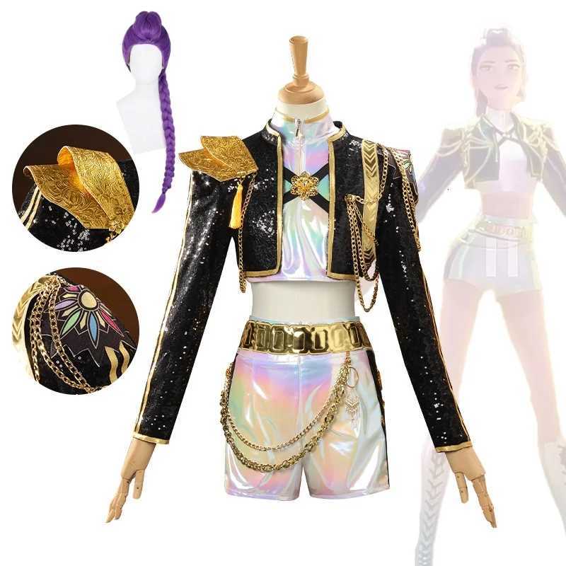 Anime KPop Rumi Cosplay Black Gold Reflective Performance Costume Cosplay Purple Wig Woman Christmas Halloween Party Uniform W251107