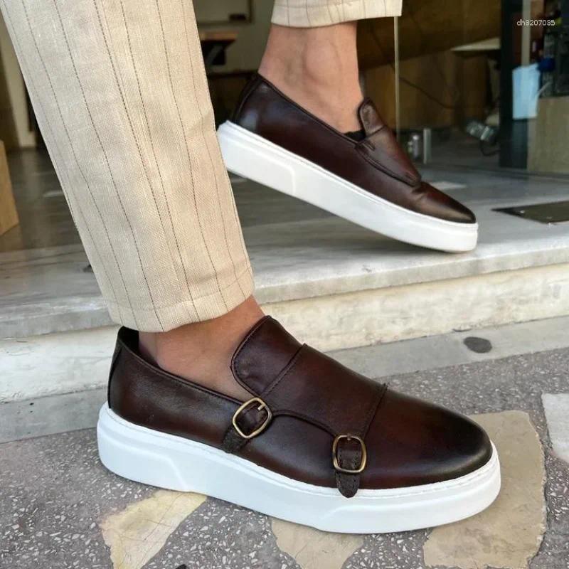 Casual Shoes 's Vulcanize Double Buckle Monk Sports Brown Slip-On Solid Handmade Sneakers Mens