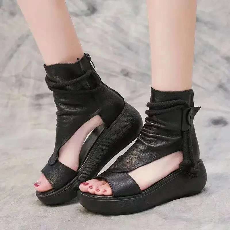 Retro Sandals Fashion Leather Boots Breathable Platform Designer Mid Heels Women Wedges Shoes Sandalias Mujer