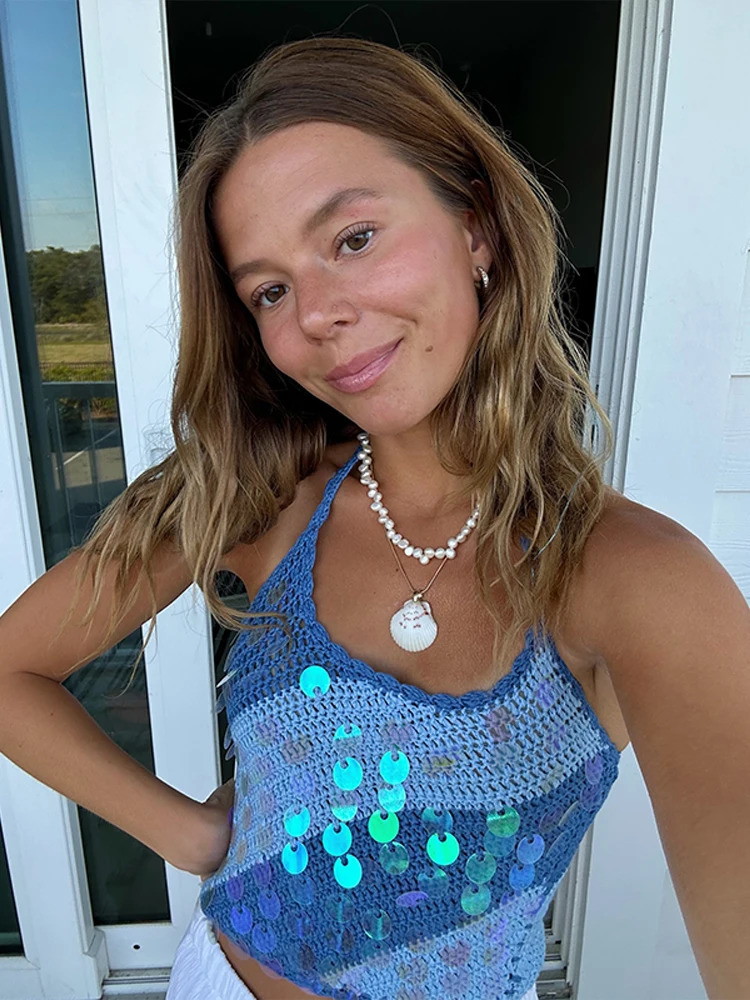 Sexy sequin knitted vest for women strapless ultrathin sling womens crop can spring fashion vacation beach panel top 250407