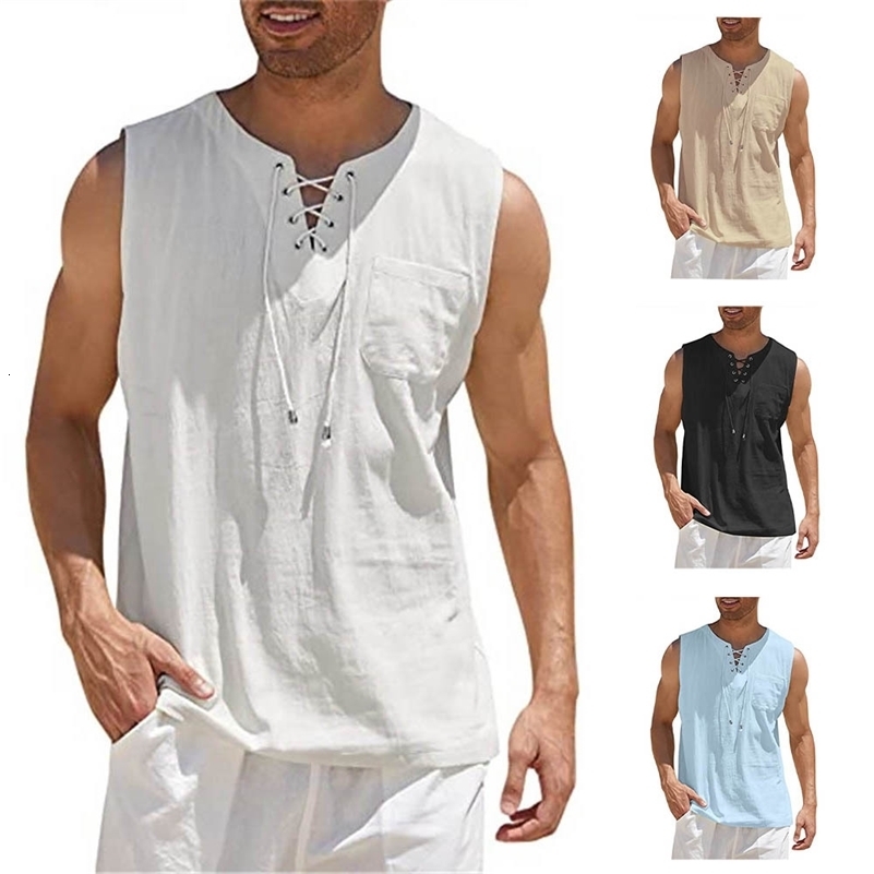 Men Summer Linen Tank Top Sleeveless T-Shirt Lace-up n Solid Color Shirt Loose Fit Vest Daily Cotton Linen Vest Clothing 250402