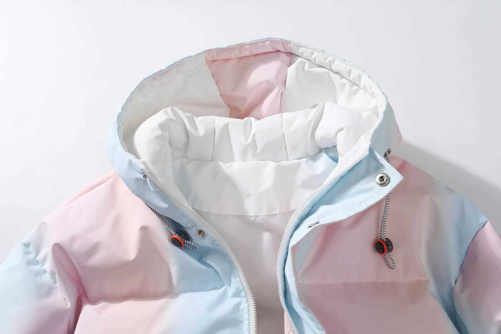 Mens Pink - Blue Ombre Hooded Puffer Jacket Pastel Gradient Winter Coat with Functional Pockets K251106