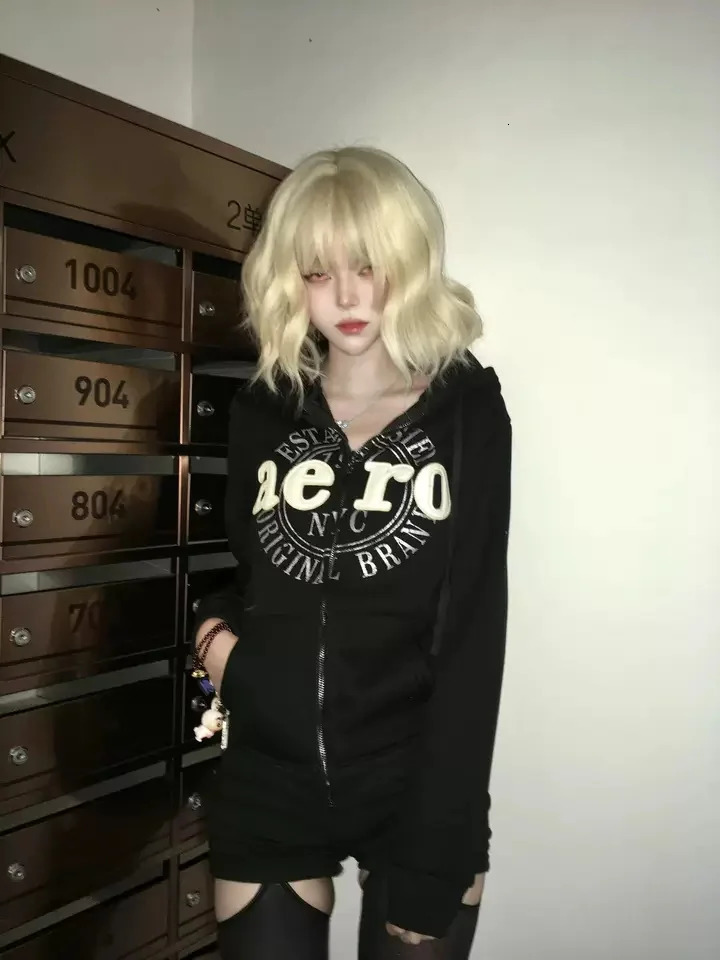 Retro letter graphic punk 2000s girl Y2k hooded sweatshirt zipper Korean sweet cut ultrathin sportswear casual women Blusas Gothic 250403