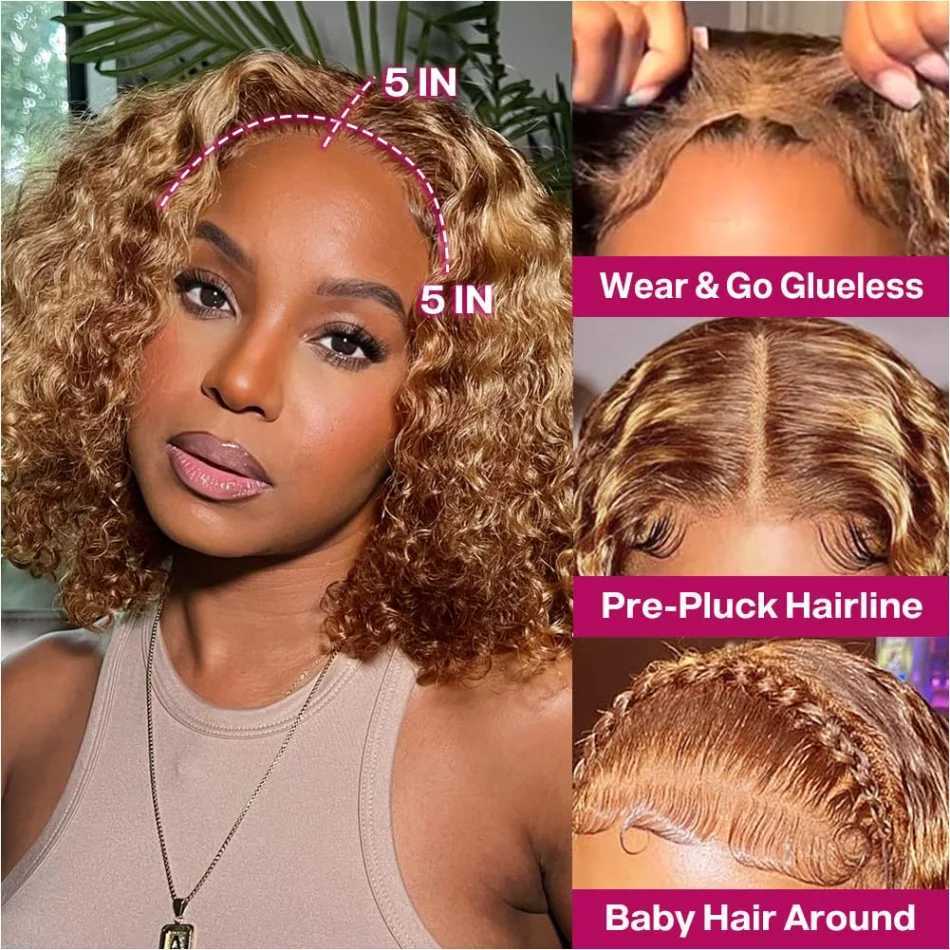 Bob Wig Human Hair 100 Highlight Ombre 5X5 Hd Lace Closure Wig Curly Short Blonde Colored Glueless Deep Wave Frontal Wigs W251107